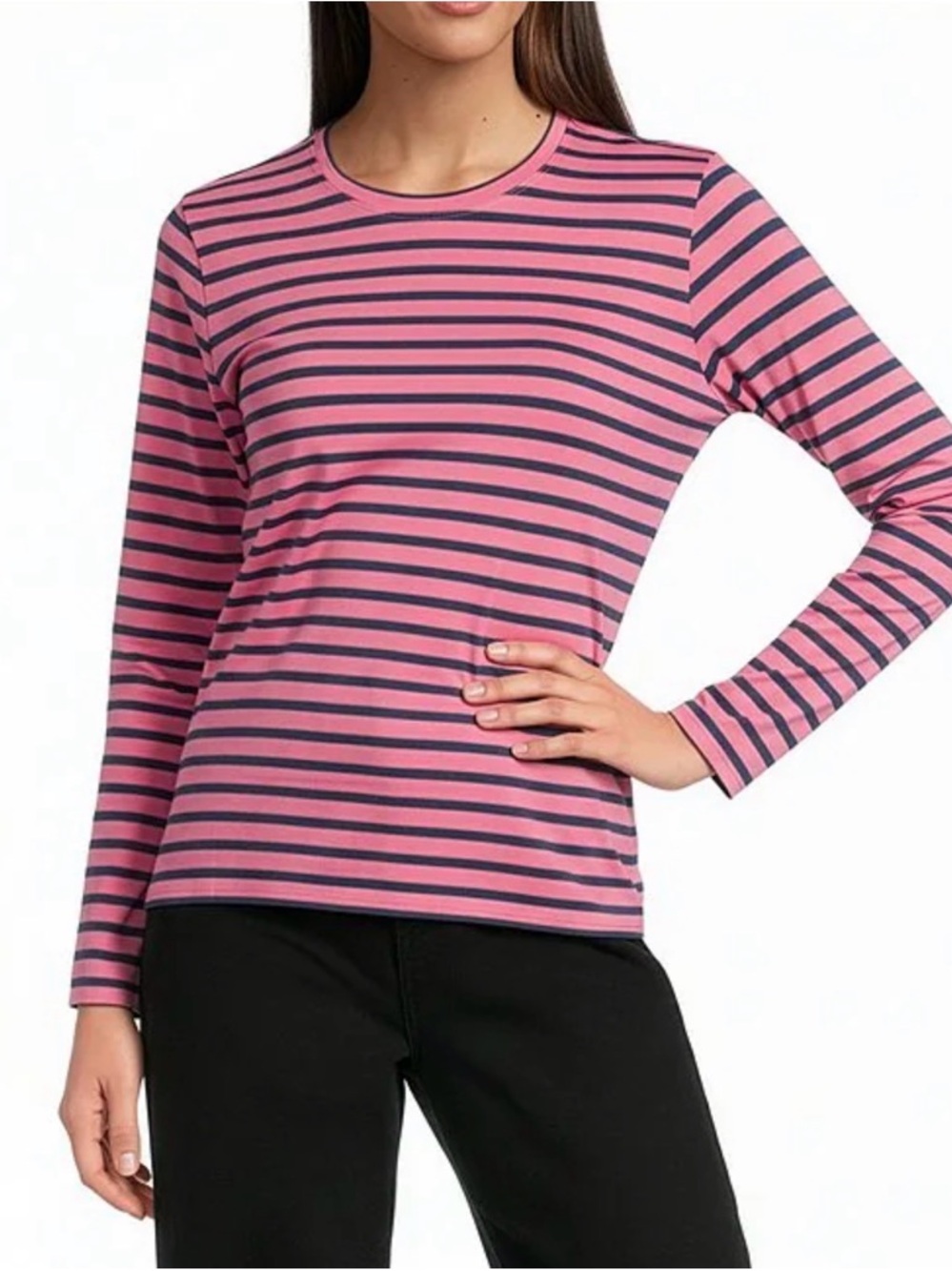 FRANCES VALENTINE Tonal Pima Cotton Crew Neck Long Sleeve Stripe Print Tee Shirt